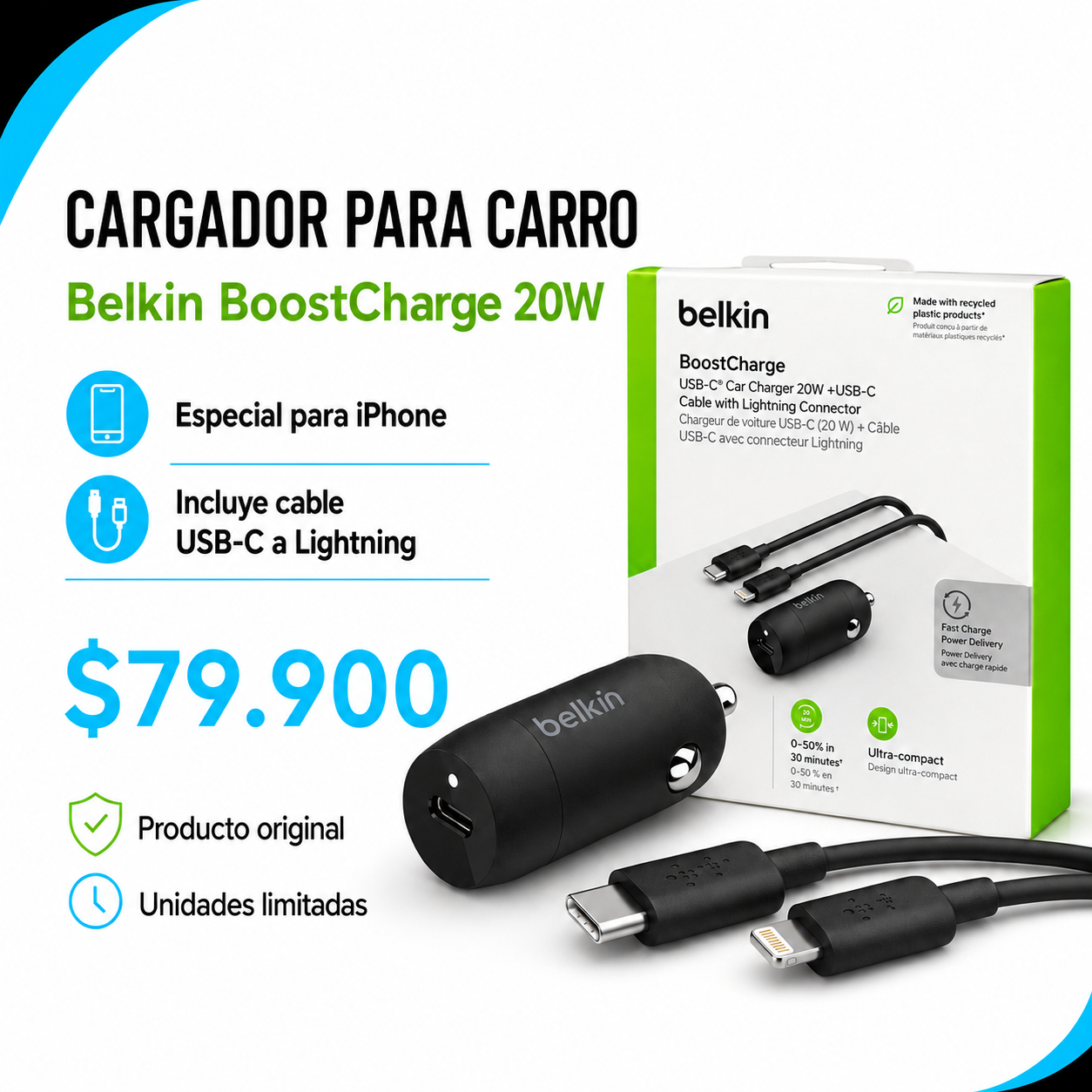 Cargador para carro Belkin BoostCharge 20W