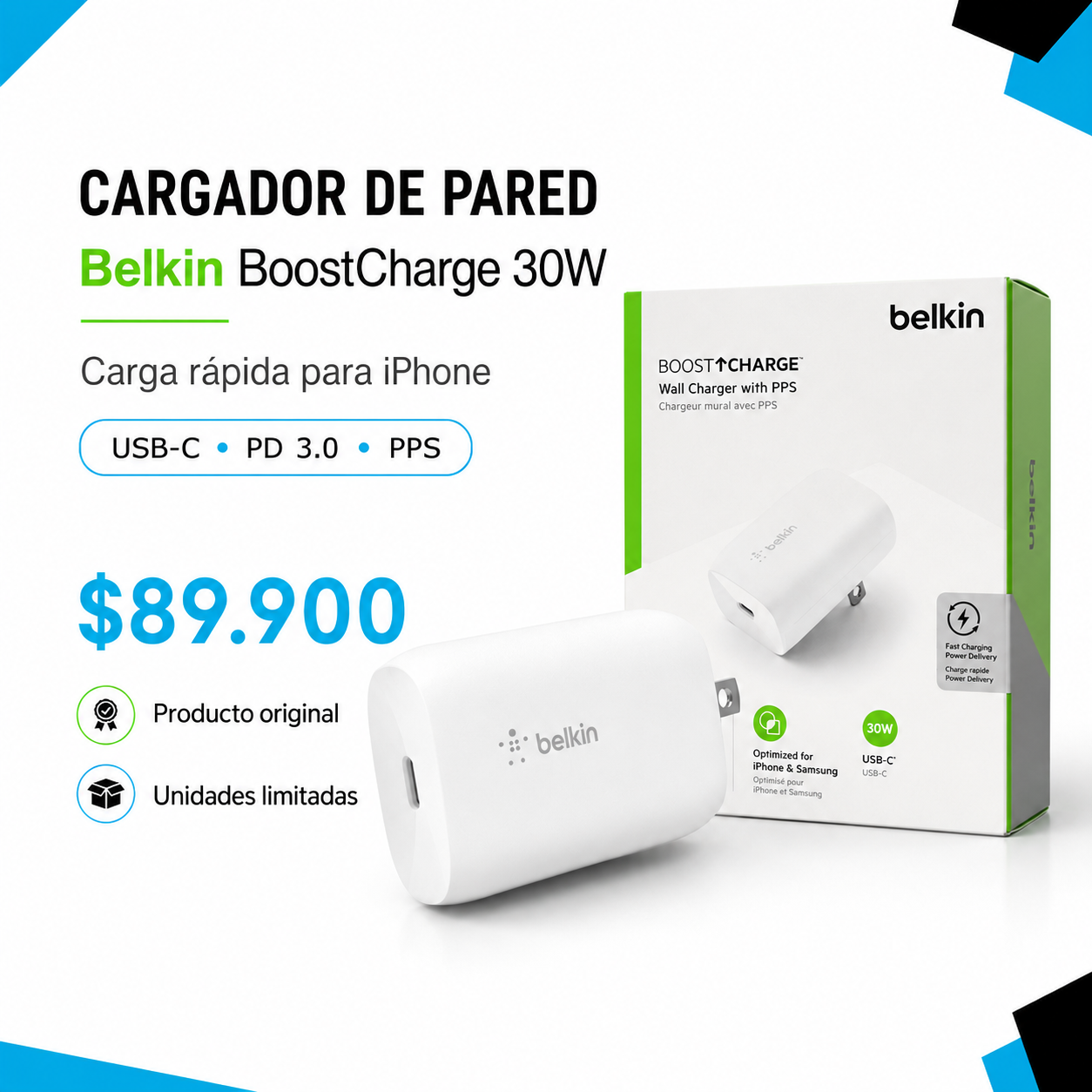 Cargador de pared Belkin BoostCharge 30W