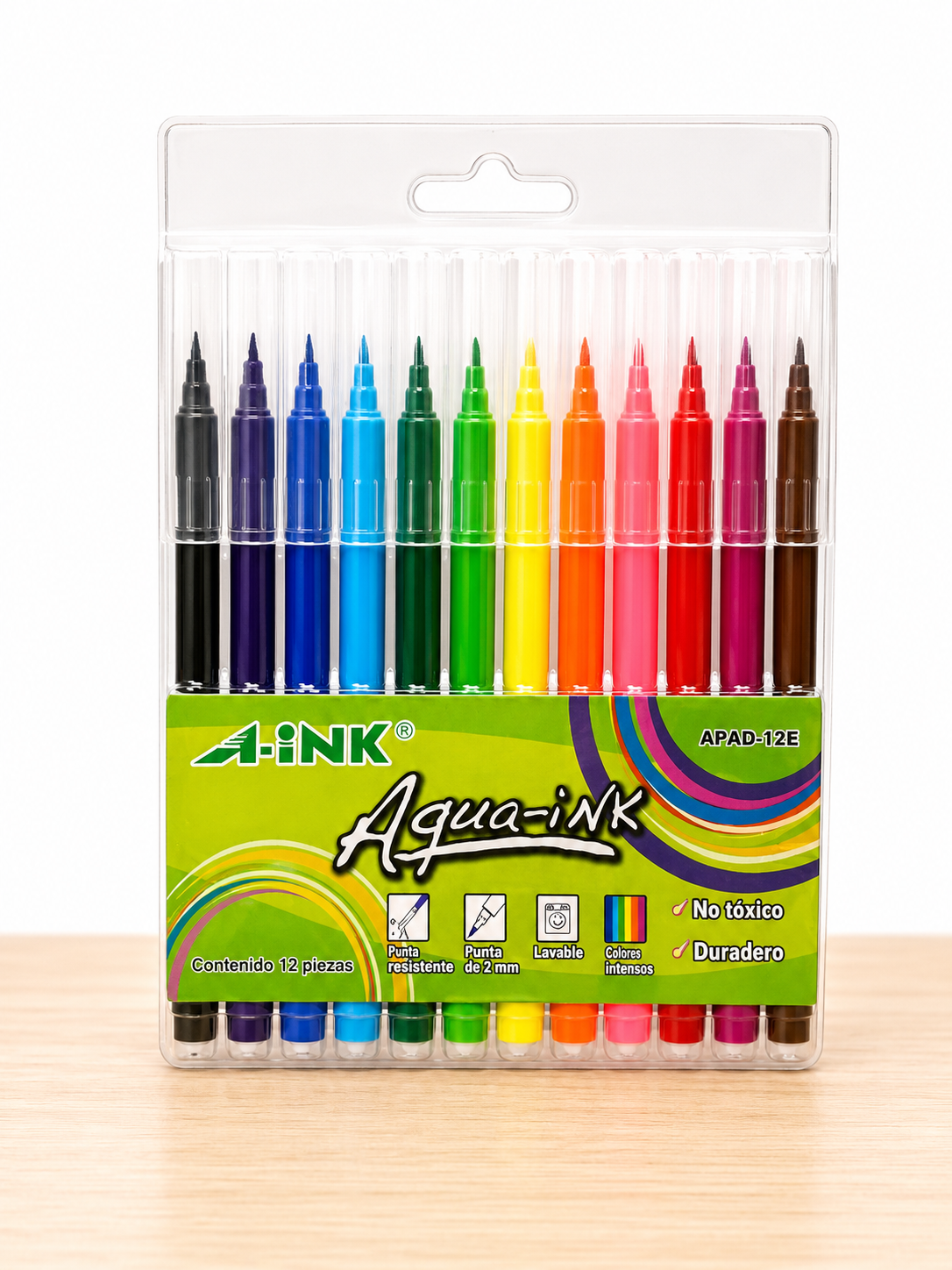 Plumones A-Ink Aqua-Ink x 12 Punta Fina 2mm Lavables Ref. APAD-12E